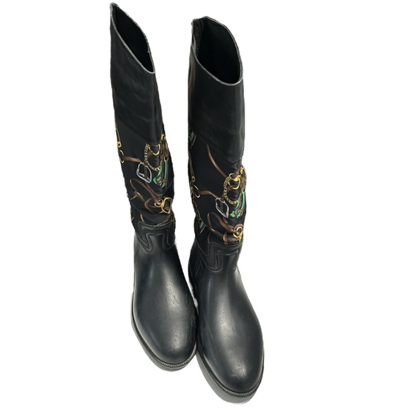 RALPH LAUREN COLLECTION Black Rubber Leather Printed
Nylon Knee Boot 10-10 1/2B - Picture 3 of 13